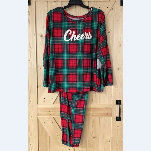 NEW 2Pc 2X 18W-20W Women’s CHEERS Plaid Christmas Pajama Set w/ Pockets - Picture 2 of 3